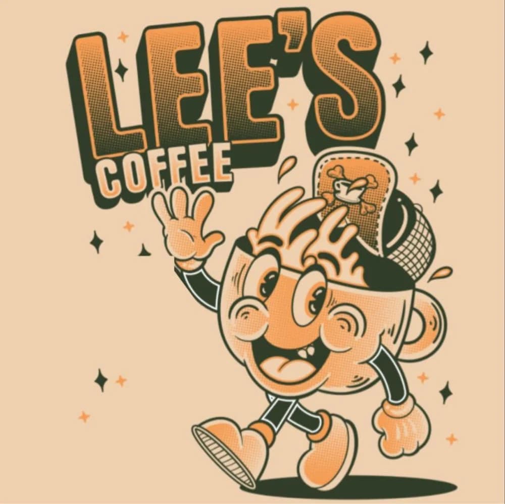 The Lee's Coffee mascot, a smiling coffee cup in sneakers waving hello