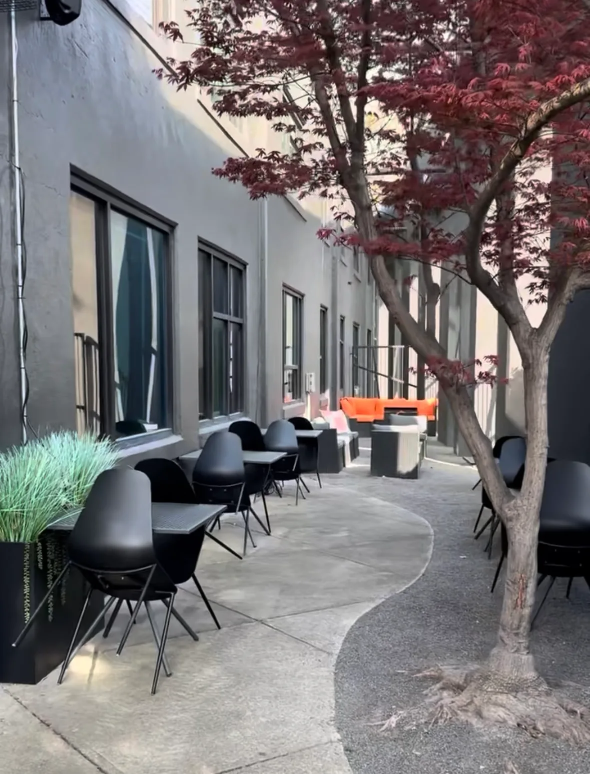 Daytime patio seating along the walkway outside Lee's Coffee