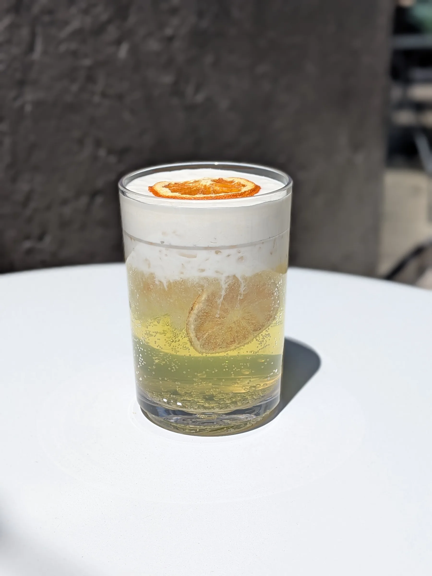 A golden cocktail in a rocks glass topped with foam and a dried citrus wheel